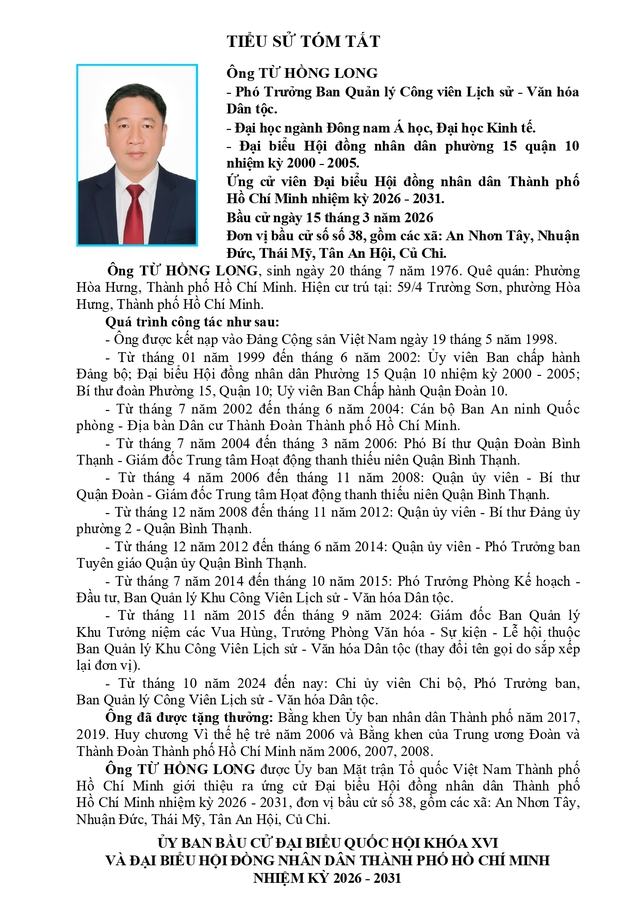 Chương trình hành động Ứng cử viên Đại biểu Hội đồng nhân dân TP. Hồ Chí Minh Khóa XI Từ Hồng Long- Ảnh 1.