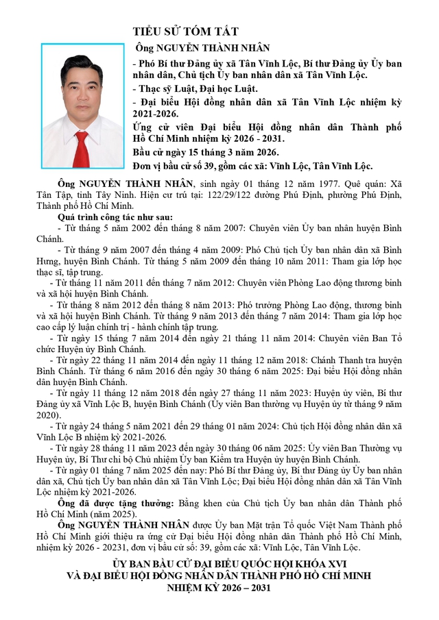 Chương trình hành động Ứng cử viên Đại biểu Hội đồng nhân dân TP. Hồ Chí Minh Khóa XI Nguyễn Thành Nhân - Ảnh 1.