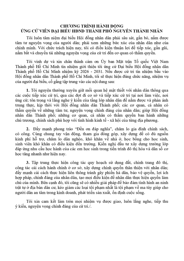 Chương trình hành động Ứng cử viên Đại biểu Hội đồng nhân dân TP. Hồ Chí Minh Khóa XI Nguyễn Thành Nhân - Ảnh 2.