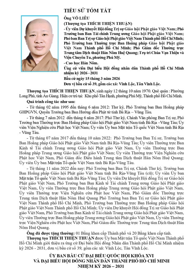 Chương trình hành động Ứng cử viên Đại biểu Hội đồng nhân dân TP. Hồ Chí Minh Khóa XI Võ Liêu (Thượng tọa Thích Thiện Thuận) - Ảnh 1.