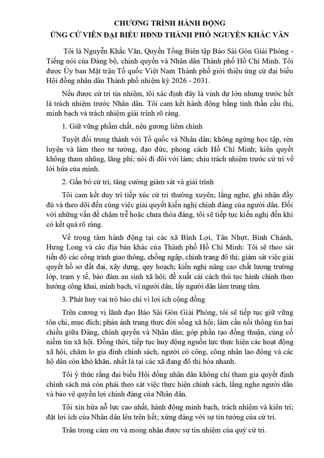 Chương trình hành động Ứng cử viên Đại biểu Hội đồng nhân dân TP. Hồ Chí Minh Khóa XI Nguyễn Khắc Văn- Ảnh 2.