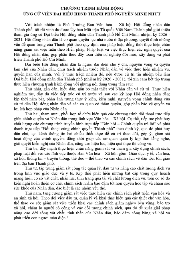 Chương trình hành động Ứng cử viên Đại biểu Hội đồng nhân dân TP. Hồ Chí Minh Khóa XI Nguyễn Minh Nhựt- Ảnh 2.