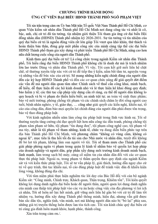 Chương trình hành động Ứng cử viên Đại biểu Hội đồng nhân dân TP. Hồ Chí Minh Khóa XI Ngô Phạm Việt - Ảnh 2.