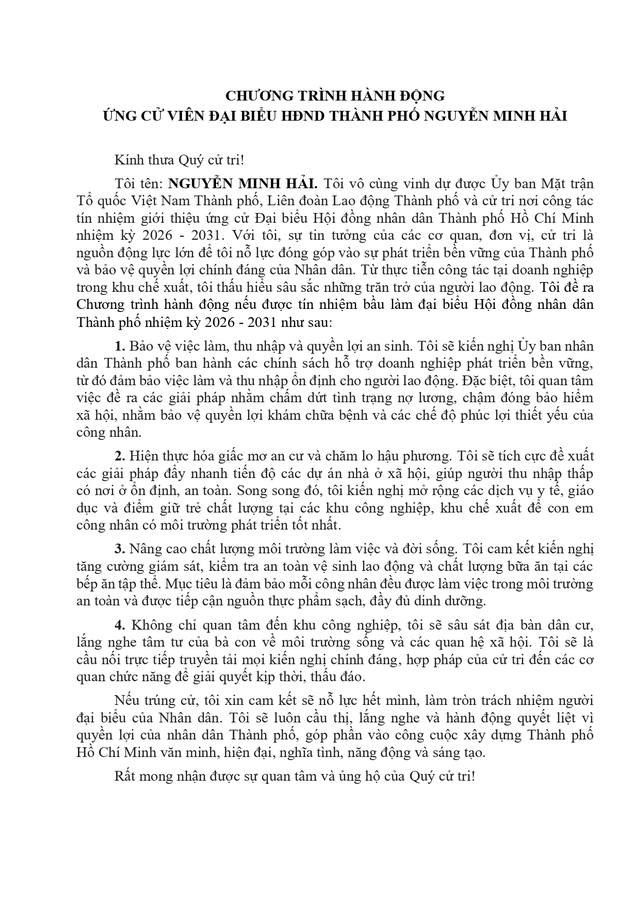 Chương trình hành động Ứng cử viên Đại biểu Hội đồng nhân dân TP. Hồ Chí Minh Khóa XI Nguyễn Minh Hải - Ảnh 2.
