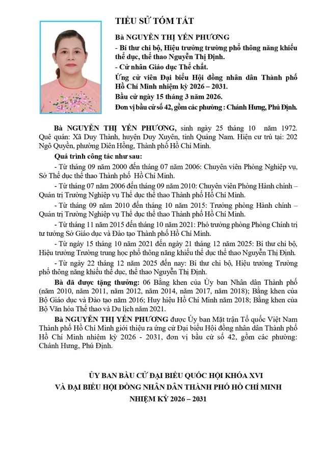 Chương trình hành động Ứng cử viên Đại biểu Hội đồng nhân dân TP. Hồ Chí Minh Khóa XI Nguyễn Thị Yến Phương - Ảnh 1.