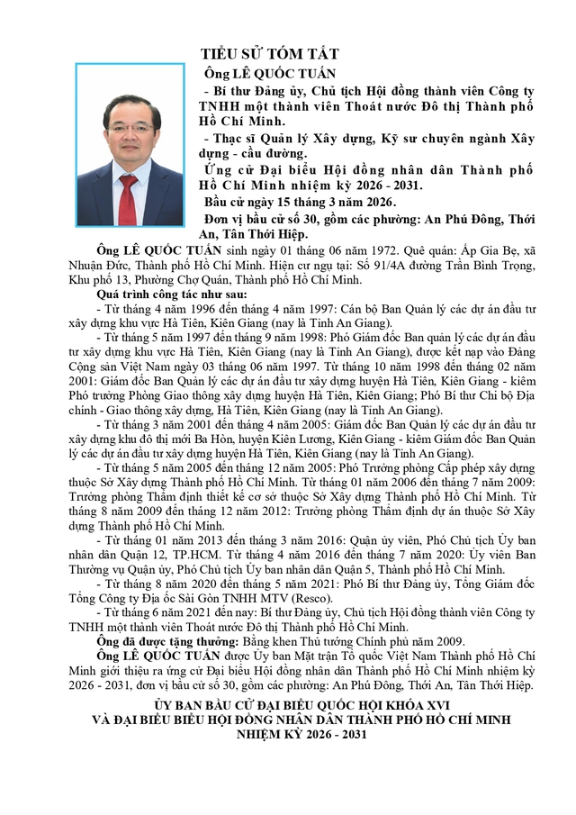 Chương trình hành động Ứng cử viên Đại biểu Hội đồng nhân dân TP. Hồ Chí Minh Khóa XI Lê Quốc Tuấn - Ảnh 1.