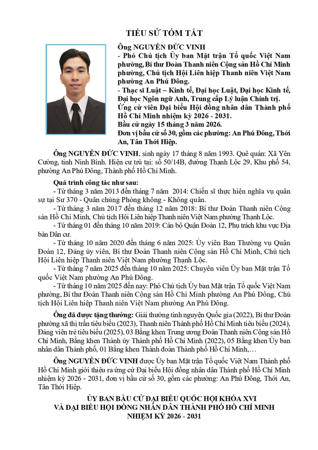 Chương trình hành động Ứng cử viên Đại biểu Hội đồng nhân dân TP. Hồ Chí Minh Khóa XI Nguyễn Đức Vinh - Ảnh 1.
