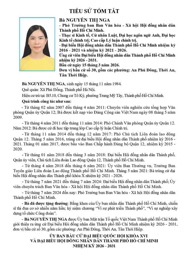 Chương trình hành động Ứng cử viên Đại biểu Hội đồng nhân dân TP. Hồ Chí Minh Khóa XI Nguyễn Thị Nga - Ảnh 1.