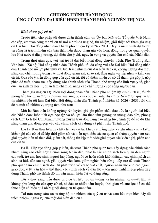 Chương trình hành động Ứng cử viên Đại biểu Hội đồng nhân dân TP. Hồ Chí Minh Khóa XI Nguyễn Thị Nga - Ảnh 2.