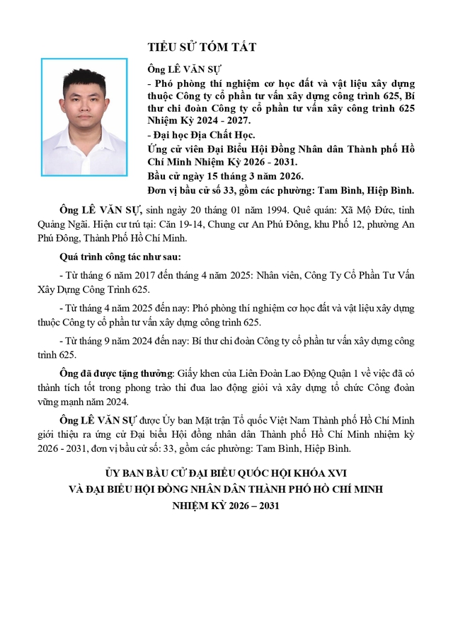 Chương trình hành động Ứng cử viên Đại biểu Hội đồng nhân dân TP. Hồ Chí Minh Khóa XI Lê Văn Sự - Ảnh 1.