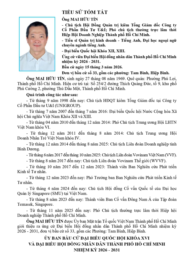 Chương trình hành động Ứng cử viên Đại biểu Hội đồng nhân dân TP. Hồ Chí Minh Khóa XI Mai Hữu Tín - Ảnh 1.