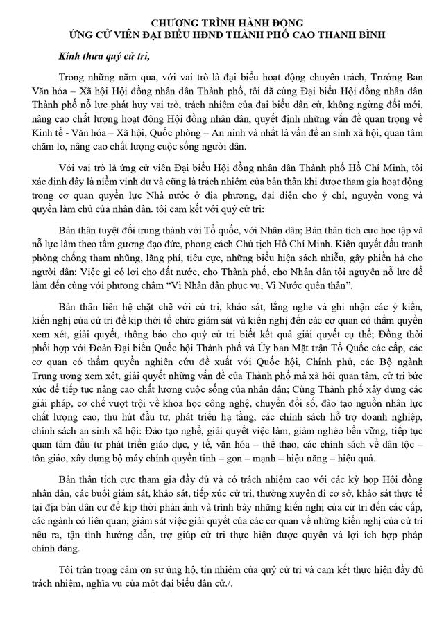 Chương trình hành động Ứng cử viên Đại biểu Hội đồng nhân dân TP. Hồ Chí Minh Khóa XI Cao Thanh Bình - Ảnh 2.