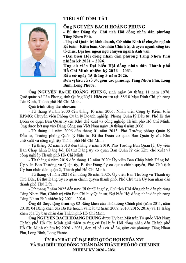 Chương trình hành động Ứng cử viên Đại biểu Hội đồng nhân dân TP. Hồ Chí Minh Khóa XI Nguyễn Bạch Hoàng Phụng - Ảnh 1.