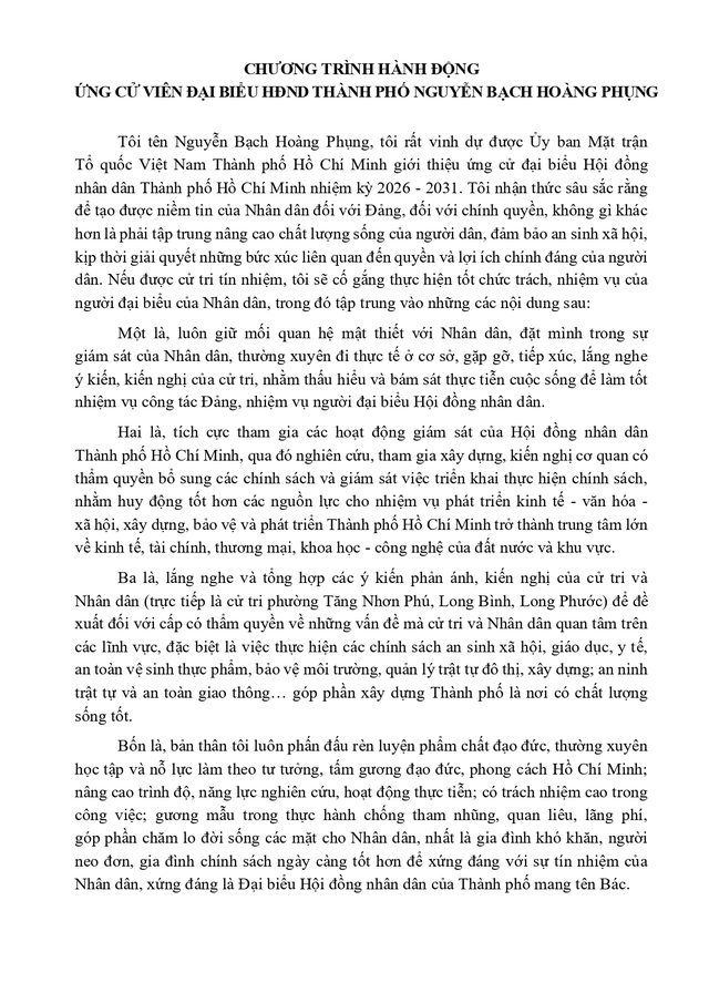 Chương trình hành động Ứng cử viên Đại biểu Hội đồng nhân dân TP. Hồ Chí Minh Khóa XI Nguyễn Bạch Hoàng Phụng - Ảnh 2.