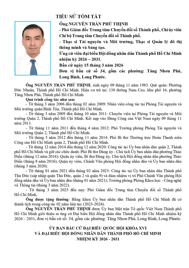 Chương trình hành động Ứng cử viên Đại biểu Hội đồng nhân dân TP. Hồ Chí Minh Khóa XI Nguyễn Trần Phú Thịnh - Ảnh 1.