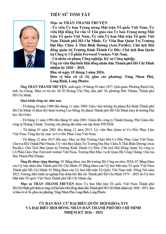 Chương trình hành động Ứng cử viên Đại biểu Hội đồng nhân dân TP. Hồ Chí Minh Khóa XI Mục sư Trần Thanh Truyện - Ảnh 1.