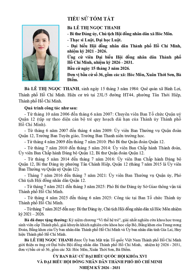 Chương trình hành động Ứng cử viên Đại biểu Hội đồng nhân dân TP. Hồ Chí Minh Khóa XI Lê Thị Ngọc Thanh - Ảnh 1.