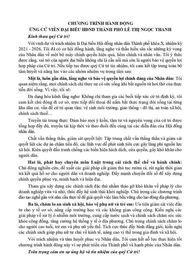 Chương trình hành động Ứng cử viên Đại biểu Hội đồng nhân dân TP. Hồ Chí Minh Khóa XI Lê Thị Ngọc Thanh - Ảnh 2.