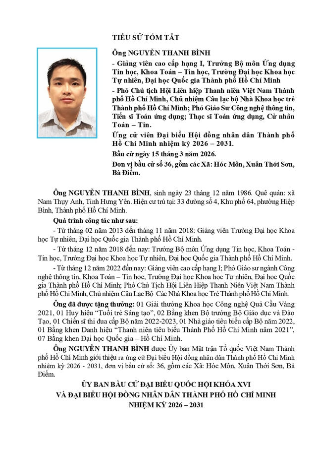 Chương trình hành động Ứng cử viên Đại biểu Hội đồng nhân dân TP. Hồ Chí Minh Khóa XI Nguyễn Thanh Bình - Ảnh 1.