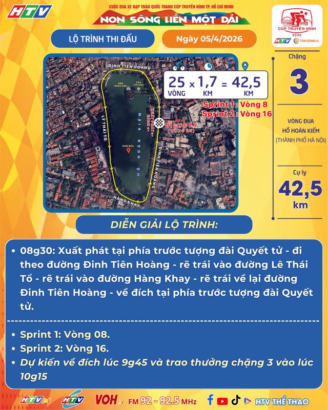 Giới thiệu lộ trình Chặng 3 - Cúp Truyền hình TP. Hồ Chí Minh 2026: Vòng đua 25 vòng quanh hồ Hoàn Kiếm - Ảnh 1.