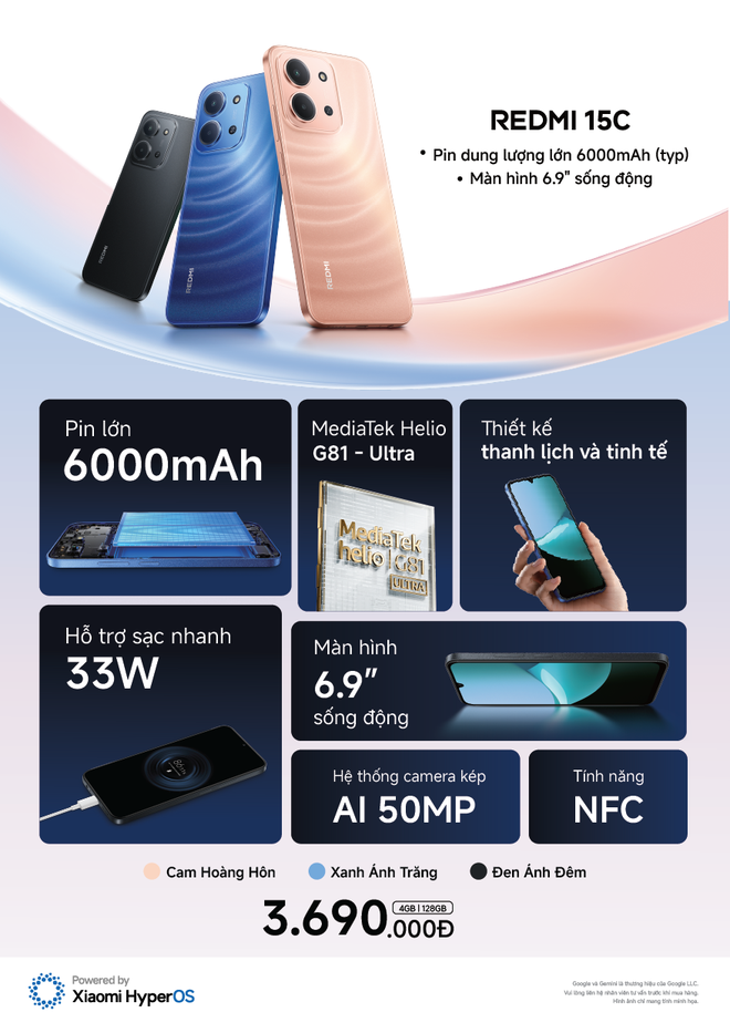 Xiaomi ra mắt REDMI 15C – smartphone phổ thông mới với pin khủng 6.000mAh, màn hình lớn 6,9 inch, giá chỉ từ 3,69 triệu đồng - Ảnh 2.