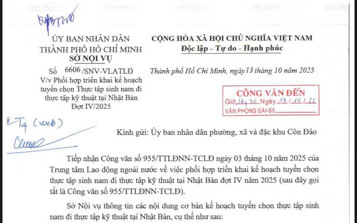 TP. Hồ Chí Minh thông báo tuyển thực tập sinh kỹ thuật nam đi Nhật Bản