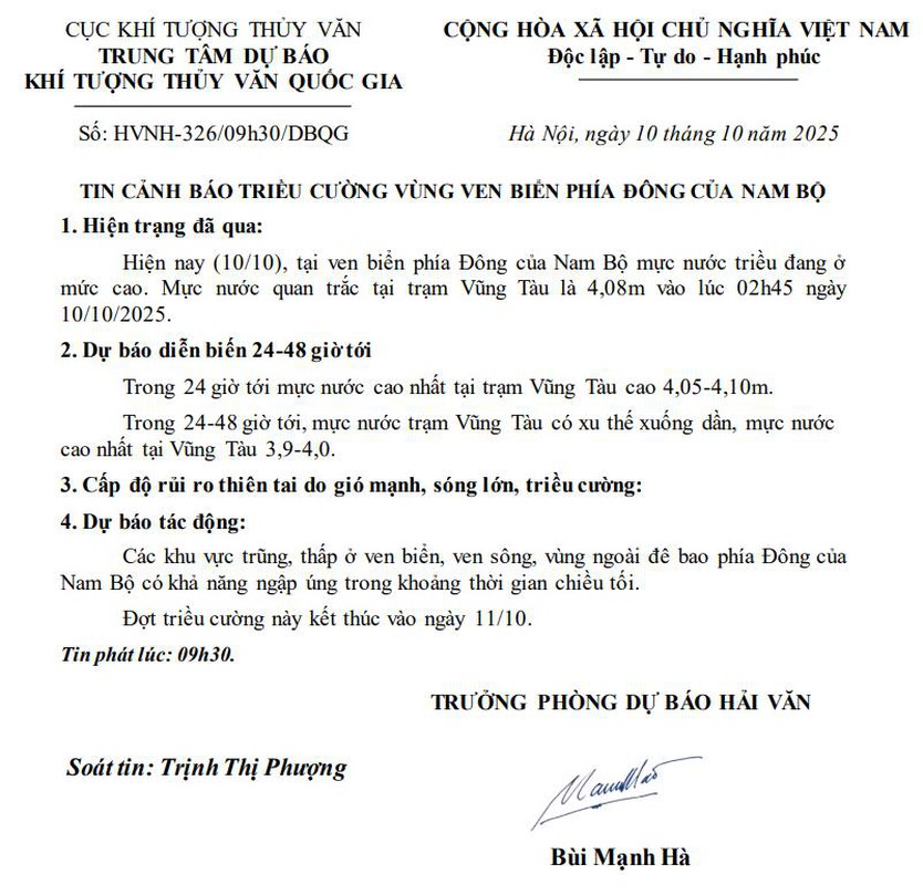Tin cảnh báo: Triều cường tại ven biển phía Đông Nam Bộ dự kiến kết thúc vào 11/10 - Ảnh 1.