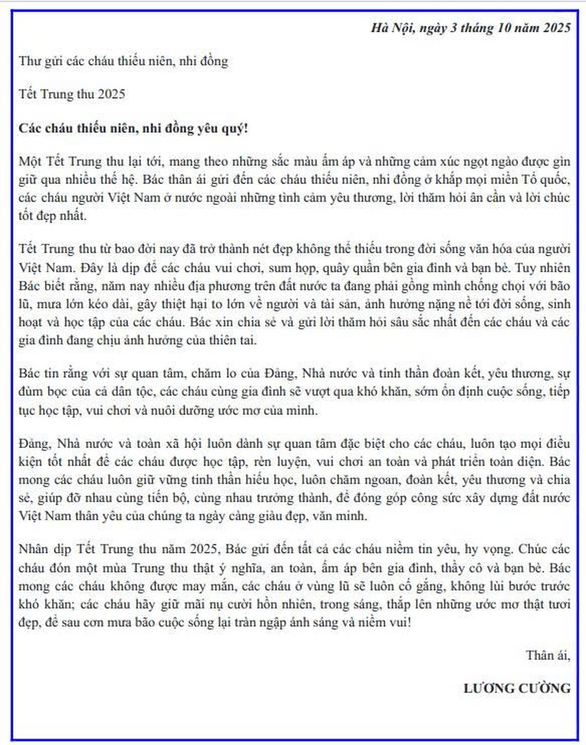Chủ tịch nước Lương Cường gửi thư chúc Tết Trung thu - Ảnh 2.
