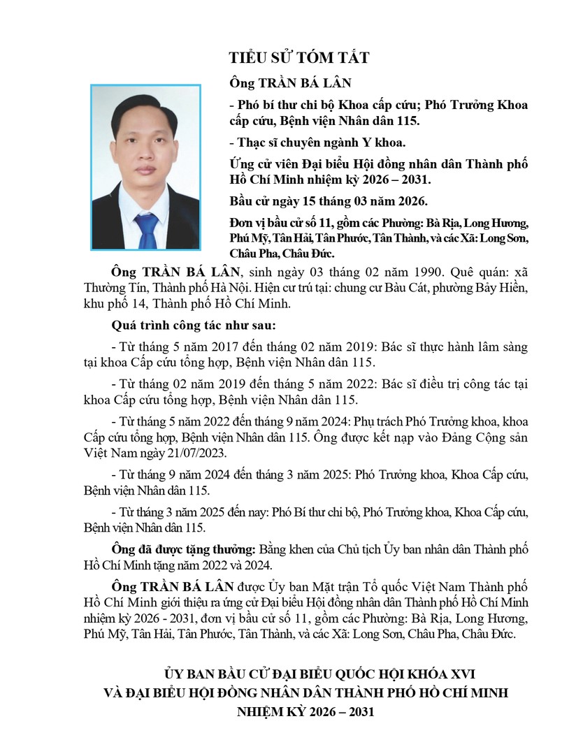 Tóm tắt tiểu sử ông Trần Bá Lân ứng cử Hội đồng nhân dân TP. Hồ Chí Minh Khóa XI - Ảnh 1.