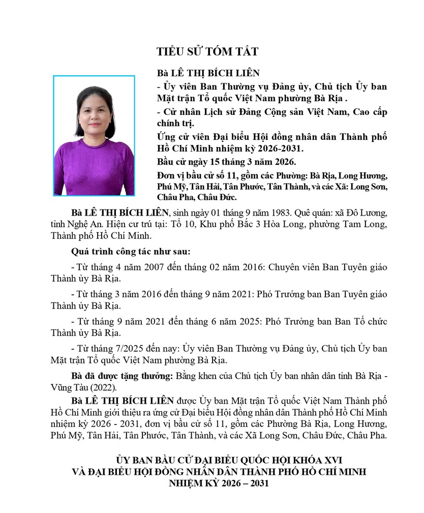 Tóm tắt tiểu sử bà Lê Thị Bích Liên ứng cử Hội đồng nhân dân TP. Hồ Chí Minh Khóa XI - Ảnh 1.