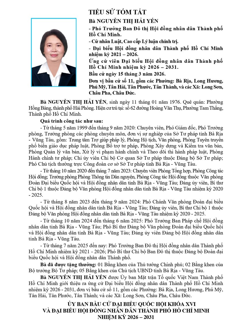 Tóm tắt tiểu sử bà Nguyễn Thị Hải Yến ứng cử Hội đồng nhân dân TP. Hồ Chí Minh Khóa XI - Ảnh 1.