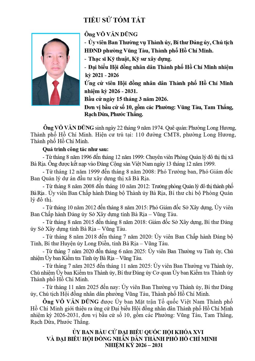 Tóm tắt tiểu sử ông Võ Văn Dũng ứng cử Hội đồng nhân dân TP. Hồ Chí Minh Khóa XI - Ảnh 1.