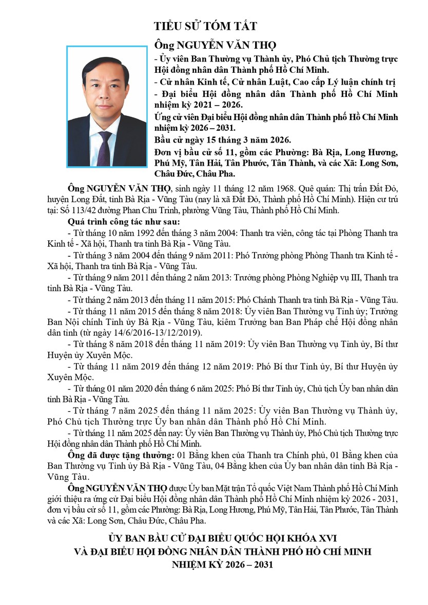 Tóm tắt tiểu sử ông Nguyễn Văn Thọ ứng cử Hội đồng nhân dân TP. Hồ Chí Minh Khóa XI - Ảnh 1.