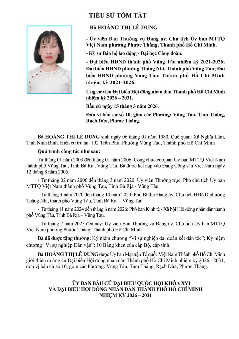 Tóm tắt tiểu sử bà Hoàng Thị Lê Dung ứng cử Hội đồng nhân dân TP. Hồ Chí Minh Khóa XI - Ảnh 1.