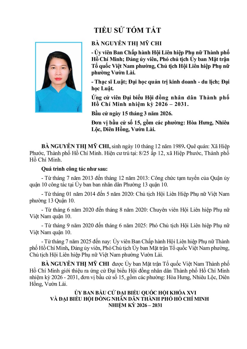 Tóm tắt tiểu sử bà Nguyễn Thị Mỹ Chi ứng cử Hội đồng nhân dân TP. Hồ Chí Minh Khóa XI - Ảnh 1.