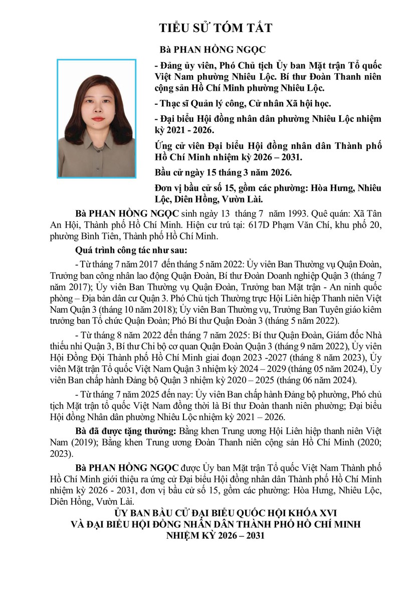 Tóm tắt tiểu sử bà Phan Hồng Ngọc ứng cử Hội đồng nhân dân TP. Hồ Chí Minh Khóa XI - Ảnh 1.