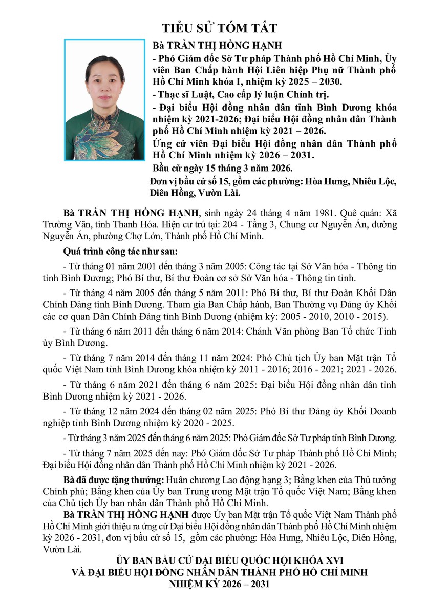 Tóm tắt tiểu sử bà Trần Thị Hồng Hạnh ứng cử Hội đồng nhân dân TP. Hồ Chí Minh Khóa XI - Ảnh 1.