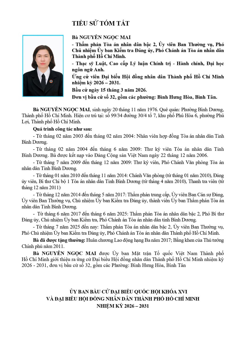 Tóm tắt tiểu sử bà Nguyễn Ngọc Mai ứng cử Hội đồng nhân dân TP. Hồ Chí Minh Khóa XI - Ảnh 1.