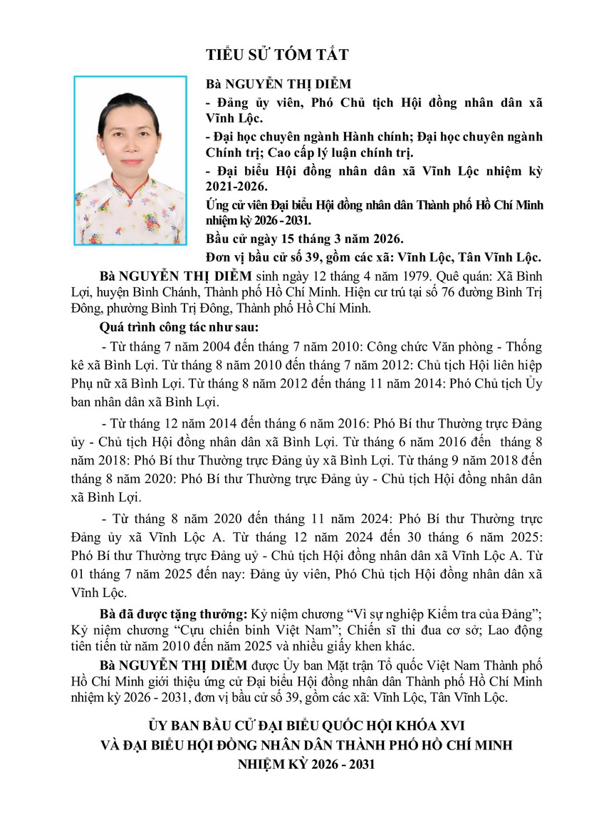Tóm tắt tiểu sử bà Nguyễn Thị Diễm ứng cử Hội đồng nhân dân TP. Hồ Chí Minh Khóa XI - Ảnh 1.