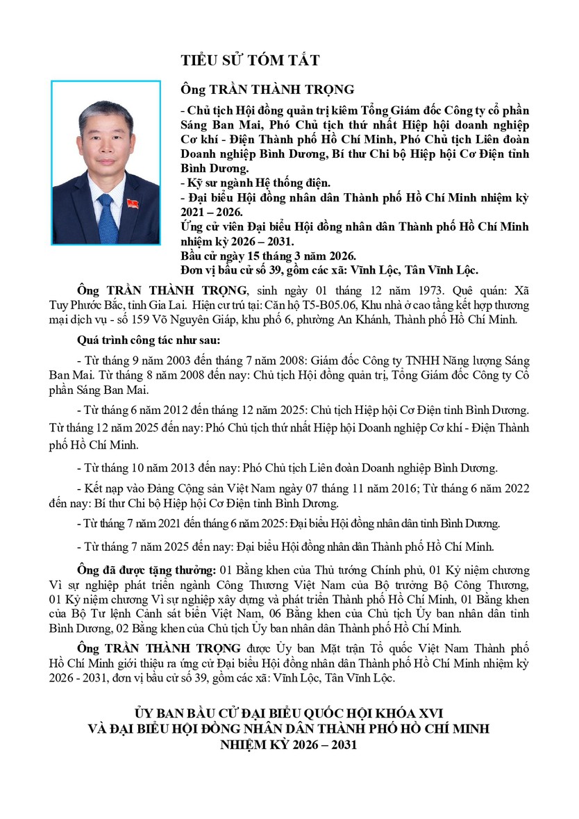 Tóm tắt tiểu sử ông Trần Thành Trọng ứng cử Hội đồng nhân dân TP. Hồ Chí Minh Khóa XI - Ảnh 1.