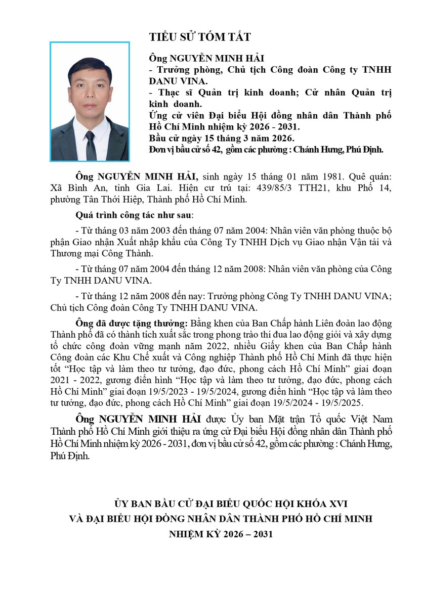 Tóm tắt tiểu sử ông Nguyễn Minh Hải ứng cử Hội đồng nhân dân TP. Hồ Chí Minh Khóa XI- Ảnh 1.
