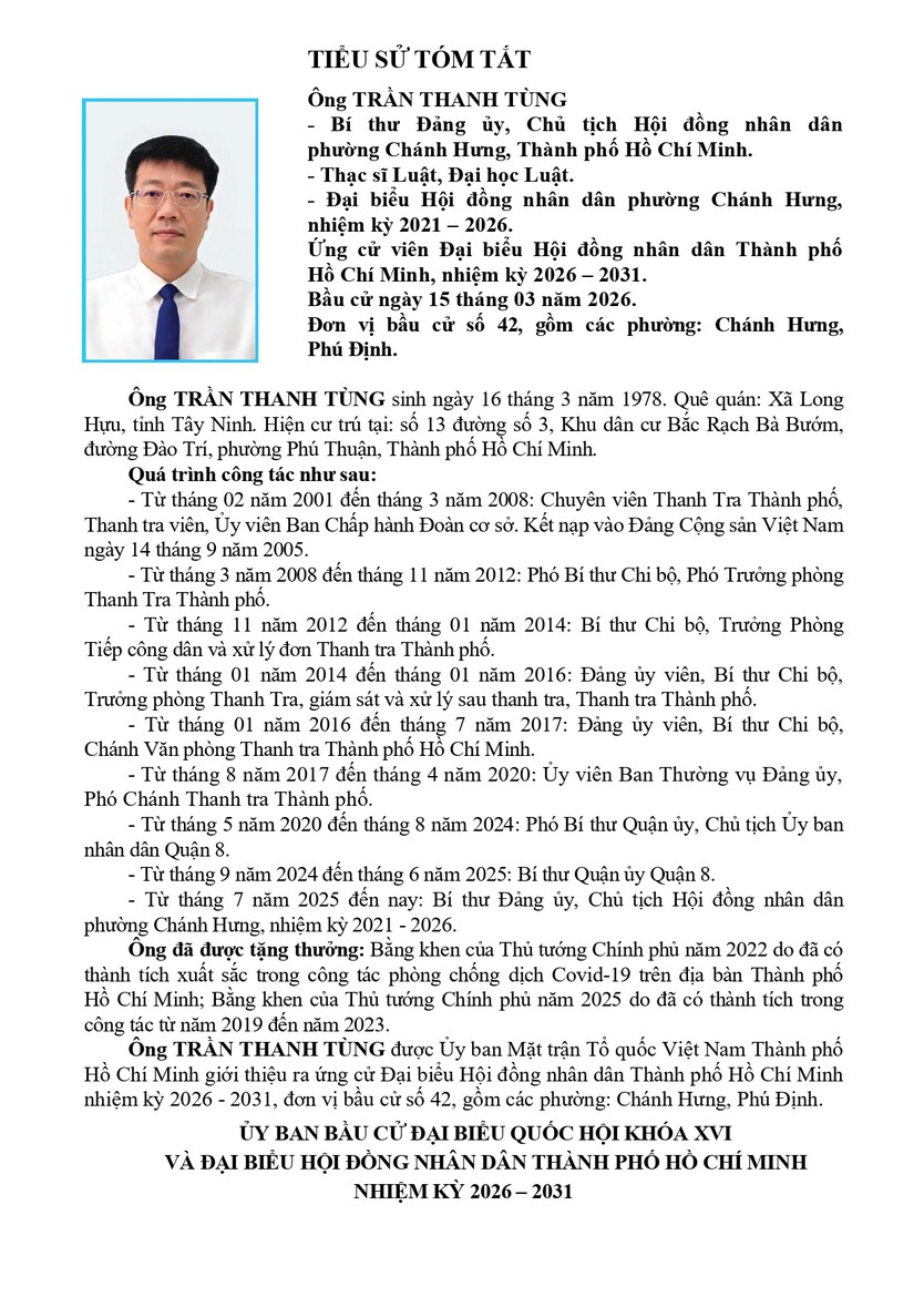 Tóm tắt tiểu sử ông Trần Thanh Tùng ứng cử Hội đồng nhân dân TP. Hồ Chí Minh Khóa XI- Ảnh 1.