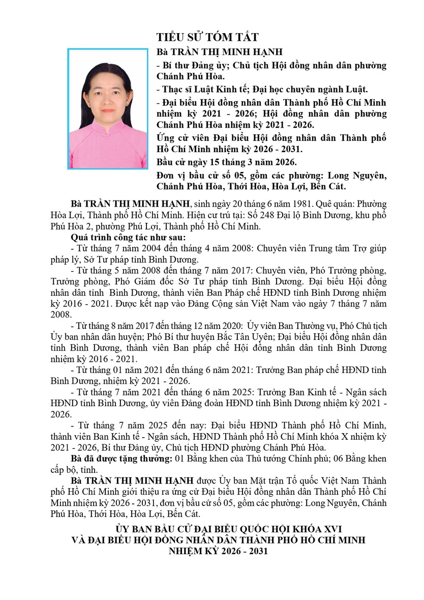Tóm tắt tiểu sử bà Trần Thị Minh Hạnh ứng cử Hội đồng nhân dân TP. Hồ Chí Minh Khóa XI- Ảnh 1.