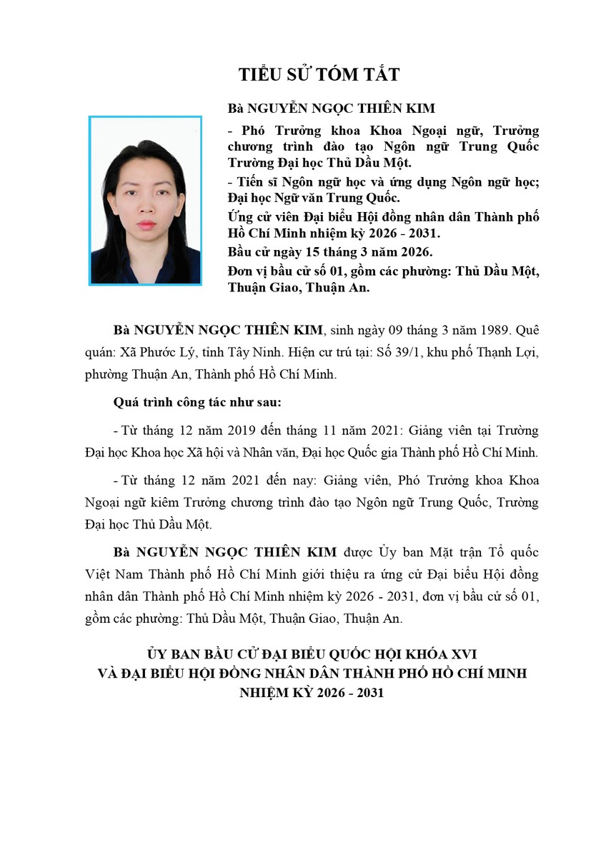 Tóm tắt tiểu sử bà Nguyễn Ngọc Thiên Kim ứng cử Hội đồng nhân dân TP. Hồ Chí Minh Khóa XI - Ảnh 1.