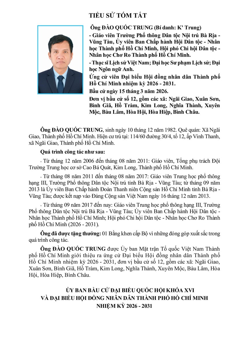 Tóm tắt tiểu sử ông Đào Quốc Trung (Bí danh: K’ Trung) ứng cử Hội đồng nhân dân TP. Hồ Chí Minh Khóa XI - Ảnh 1.