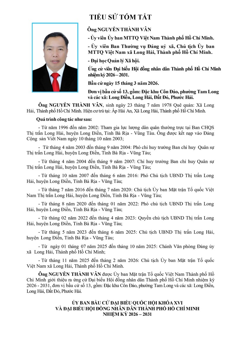 Tóm tắt tiểu sử ông Nguyễn Thành Vân ứng cử Hội đồng nhân dân TP. Hồ Chí Minh Khóa XI - Ảnh 1.