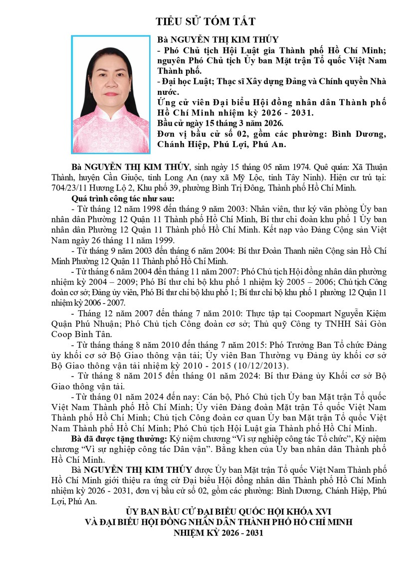 Tóm tắt tiểu sử bà Nguyễn Thị Kim Thuý ứng cử Hội đồng nhân dân TP. Hồ Chí Minh Khóa XI - Ảnh 1.