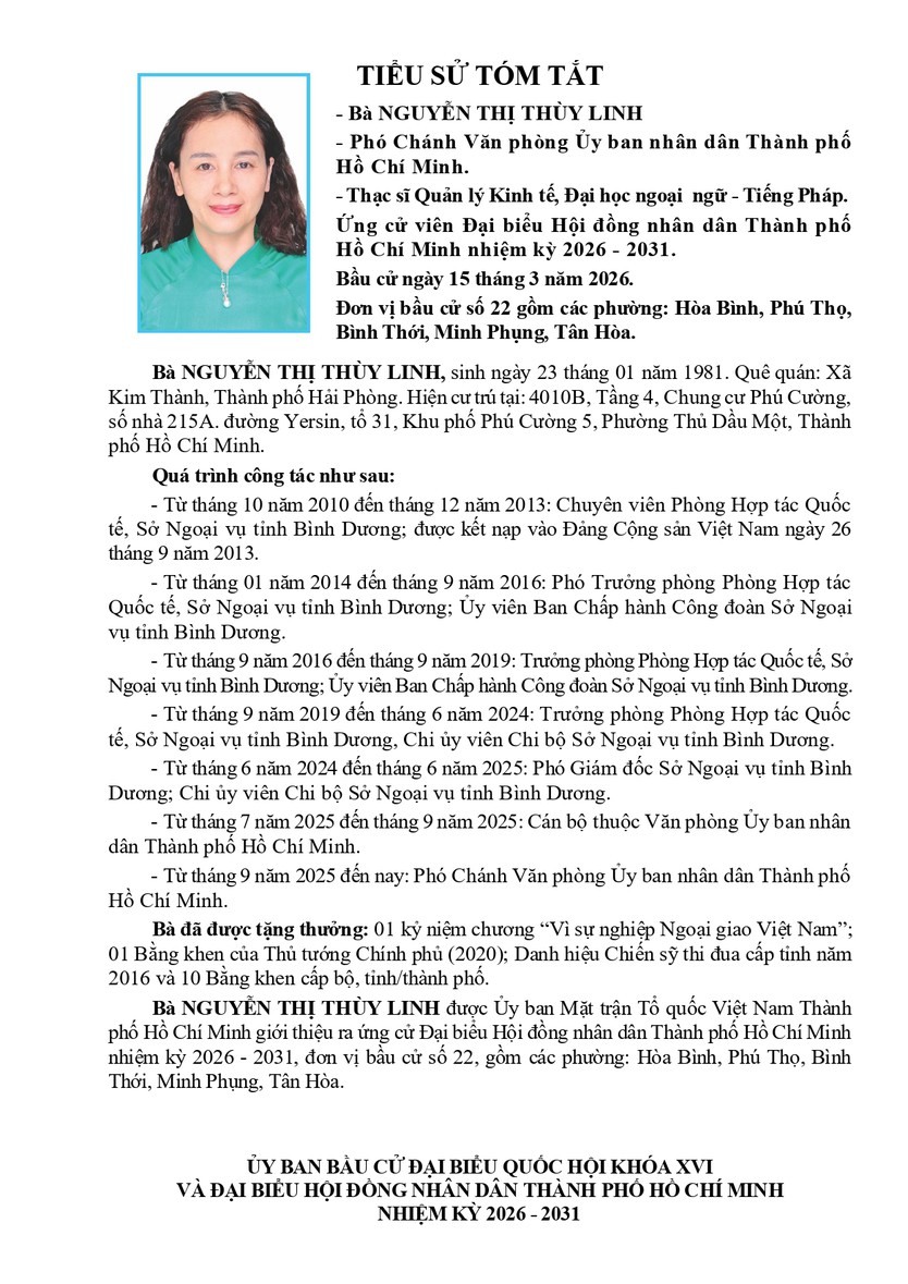 Tóm tắt tiểu sử bà Nguyễn Thị Thùy Linh ứng cử Hội đồng nhân dân TP. Hồ Chí Minh Khóa XI - Ảnh 1.