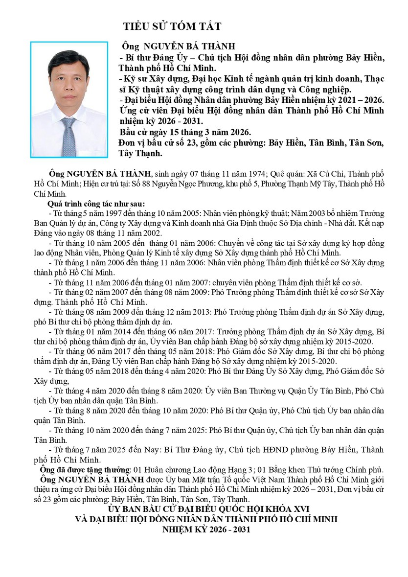 Tóm tắt tiểu sử ông Nguyễn Bá Thành ứng cử Hội đồng nhân dân TP. Hồ Chí Minh Khóa XI - Ảnh 1.