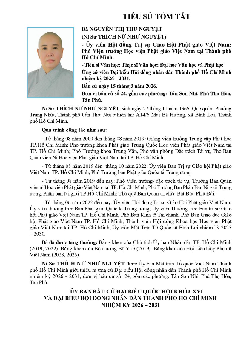 Tóm tắt tiểu sử bà Nguyễn Thị Thu Nguyệt (Ni sư Thích Nữ Như Nguyệt) ứng cử Hội đồng nhân dân TP. Hồ Chí Minh Khóa XI - Ảnh 1.